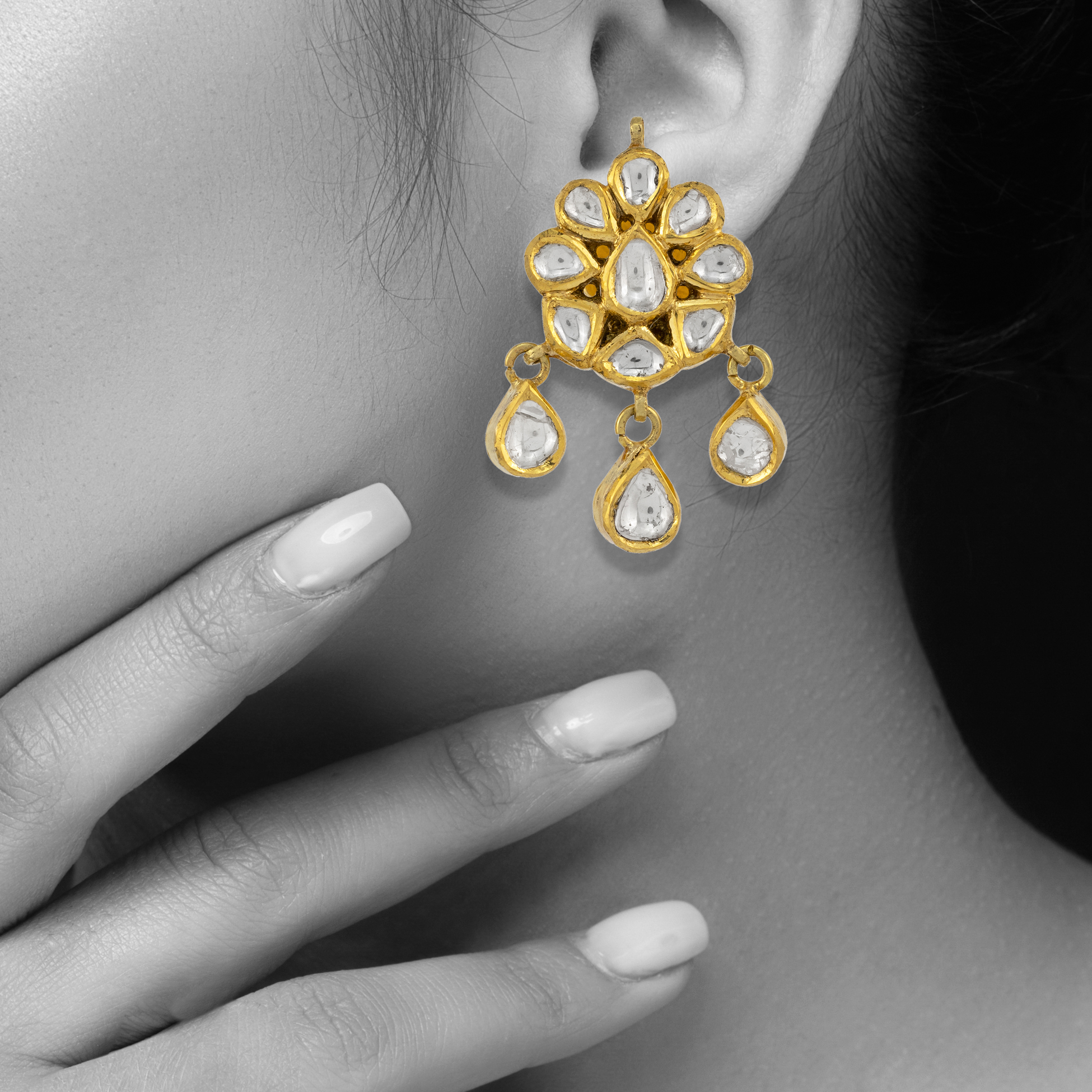 Floral Polki Earring with Teardrop Polki Drops
